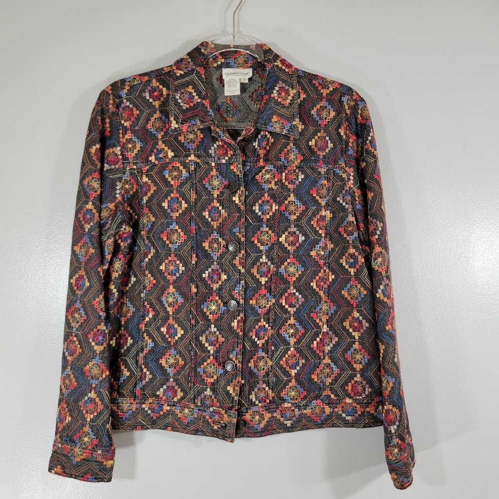 COLDWATER CREEK Aztec tribal western multicolor embroidered cotton denim jacket